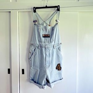 Vintage Denim Short Overalls with Patches